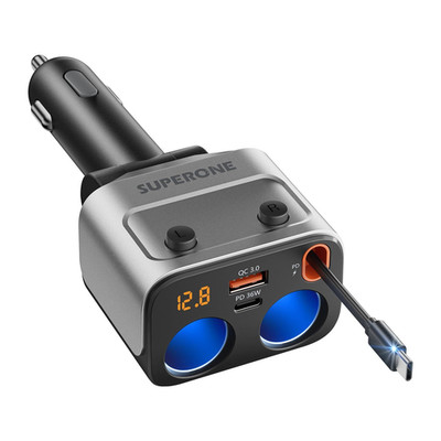 SUPERONE 180W Cigarette Lighter Splitter with Retractable 36W USB-C Black 