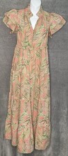 Crown & Ivy Petite Medium Maxi Dress Pink Green Palm Print Tiered 100% Cotton 