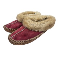 LL Bean Wicked Good Moccasin Slippers Red Suede Shearling Lined Womens 7
