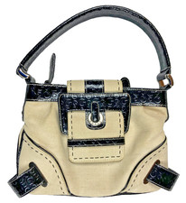 BORSA A TRACOLLA VINTAGE GUESS TAN TELA E PELLE PETENT GOFFRATA CON LOGO G