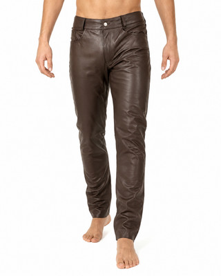 Men's Brown Leather Trousers Genuine Leather Casual Riding Straight Fit Pants