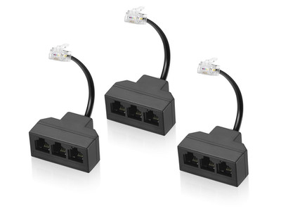 RJ11 Cable 3 Way Telephone Splitter 3 Pack, Black, Splitter 6P4C Connector