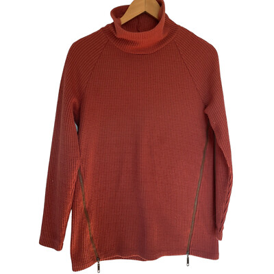 LL Bean Signature Mock Neck Waffle Knit Tunic Sweatshirt XS Rust Orange Side Zip