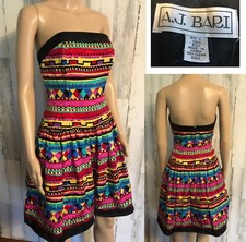 vtg A.J. BARI Strapless 100% Silk Dress Sz 6 Fit & Flare Colorful Lined 80s 90s