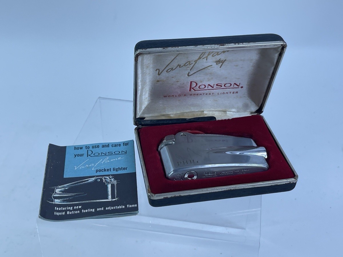 ronson cigarette lighters 1960 Vintage Ronson Varaflame Premier Lighter With Box Complete 1960 “Arline &  Phil “