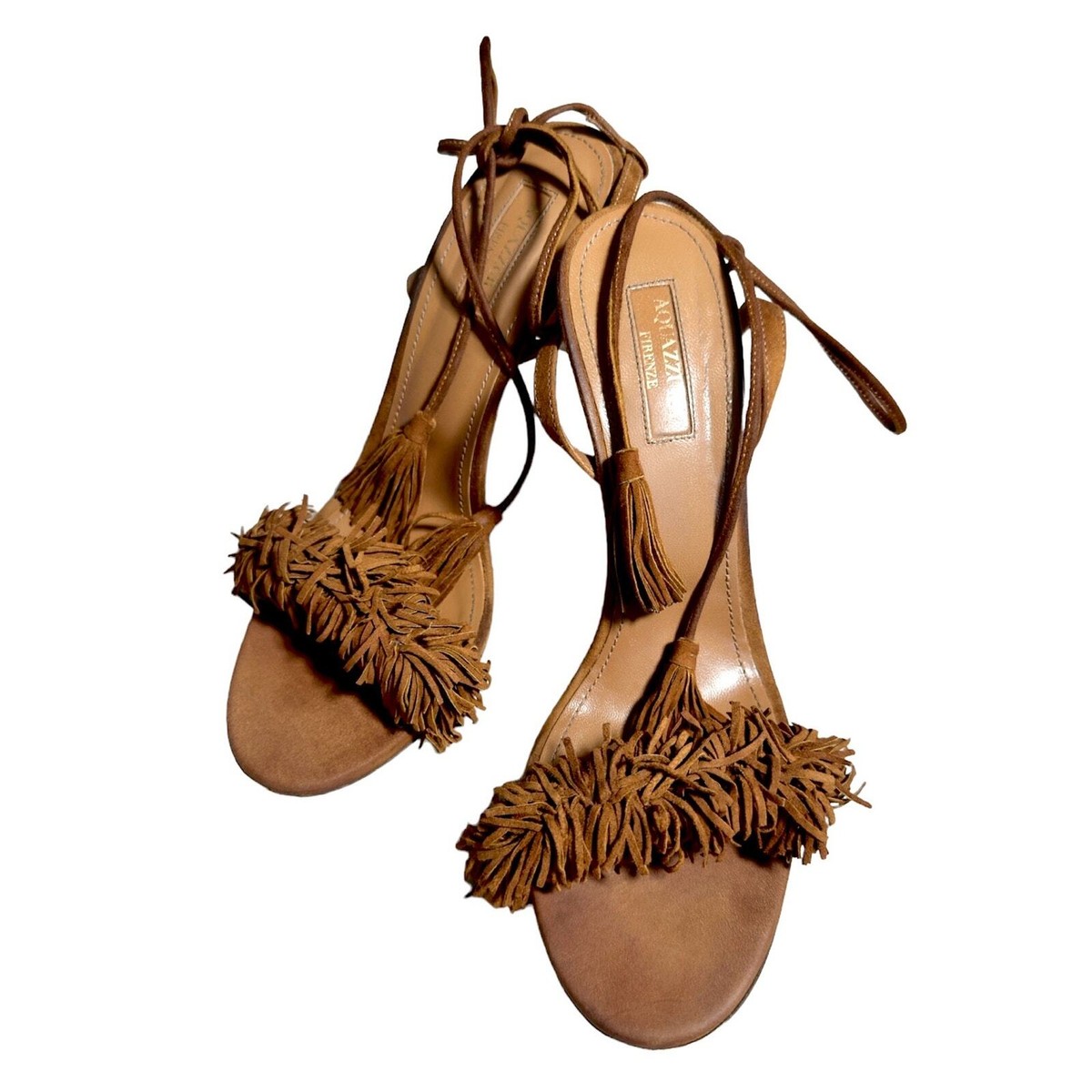 Aquazzura Firenze Cognac Brown Suede Vero Cuoio Sandals