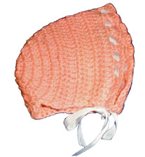 VTG PINK CROCHET CAP HAT 1950'S SIZE 9 MONTHS GIRL CHILD BABY CLOTHES RIBBON