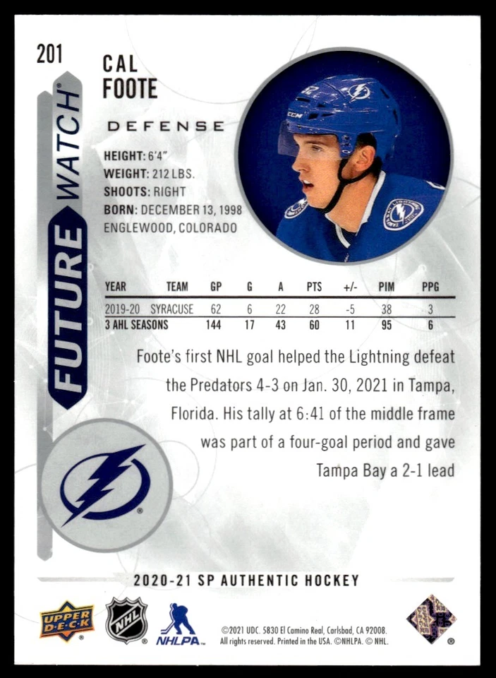 2020-21 SP Authentic FUTURE WATCH Cal Foote 084/999 Tampa Bay Lightning #201 - Image 2 of 2