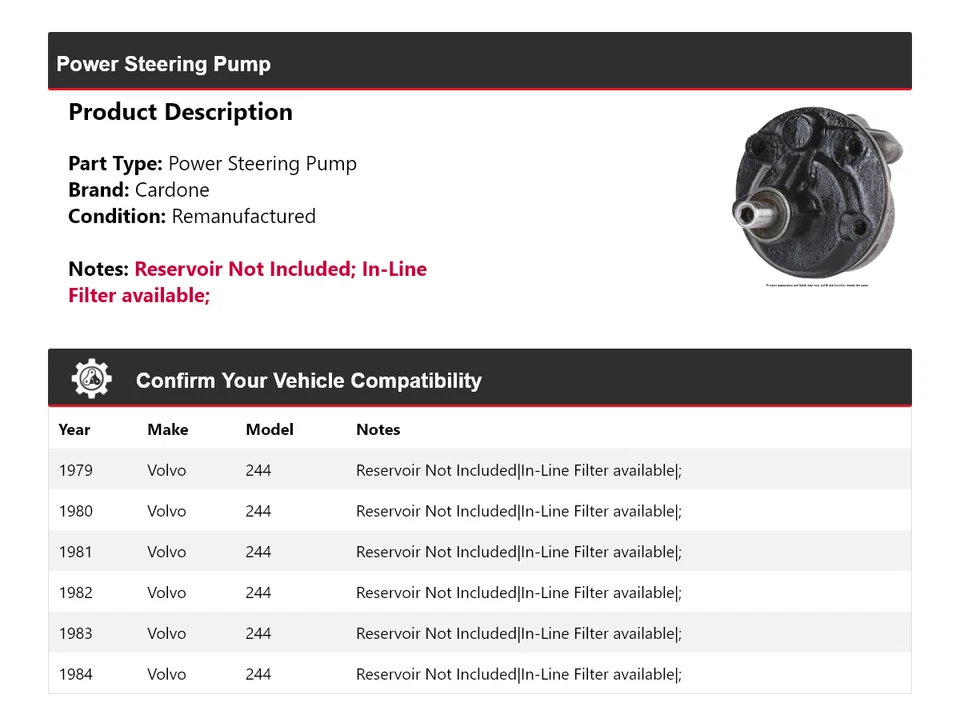 For 1979-1984 Volvo 244 Power Steering Pump Cardone 1980 1981 1982 1983 - Image 2 of 4