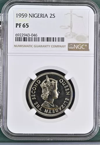 NIGERIA 2 Shillings 1959, NGC PF 65 Gem Proof, QEII, TOP POP FINEST, Rare. R7.