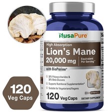 NusaPure Lions Mane 20:1 Extract 20,000 mg Equivalent 120 Veggie Caps Organic