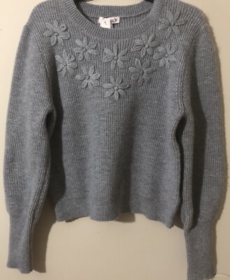 Nanette Lepore Womens Knit Cropped Sweater Embroidered-Flowers Gray Sz L New