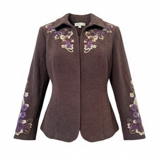 Coldwater Creek Brown Embroidered Beaded Floral Open Front Jacket Womens 12