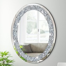 Crystal Oval Crushed Diamond Wall Mirror Frameless Sparkly Glam Home Decor