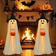 Halloween Decorations LED Light Up Spooky Ghost with Pumpkin In/Outdoor 2 Pack