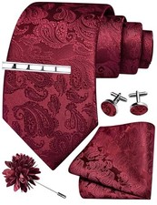 Tie Set for Men Necktie and Pocket Square,Tie Clip,Cufflinks, Lapel Burgundy