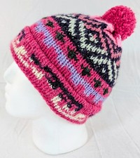 Colorful Soft Alpaca Beanie Pom Pom Handmade Pink Unisex Boho Peru