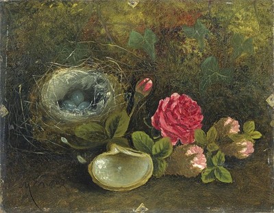 Mary Annie Ensor (um 1837-1886) Ölgemälde - Vogelnest & Blumen - Stillleben