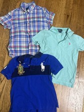 Ralph Lauren Boys 4/5 Short Sleeve Button-Up Polo Shirts Plaid Blue Green Logo