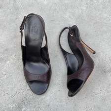 Gucci  Auth Vint Brown Leather GG Monogram Slingback Stiletto Heels 37.5 