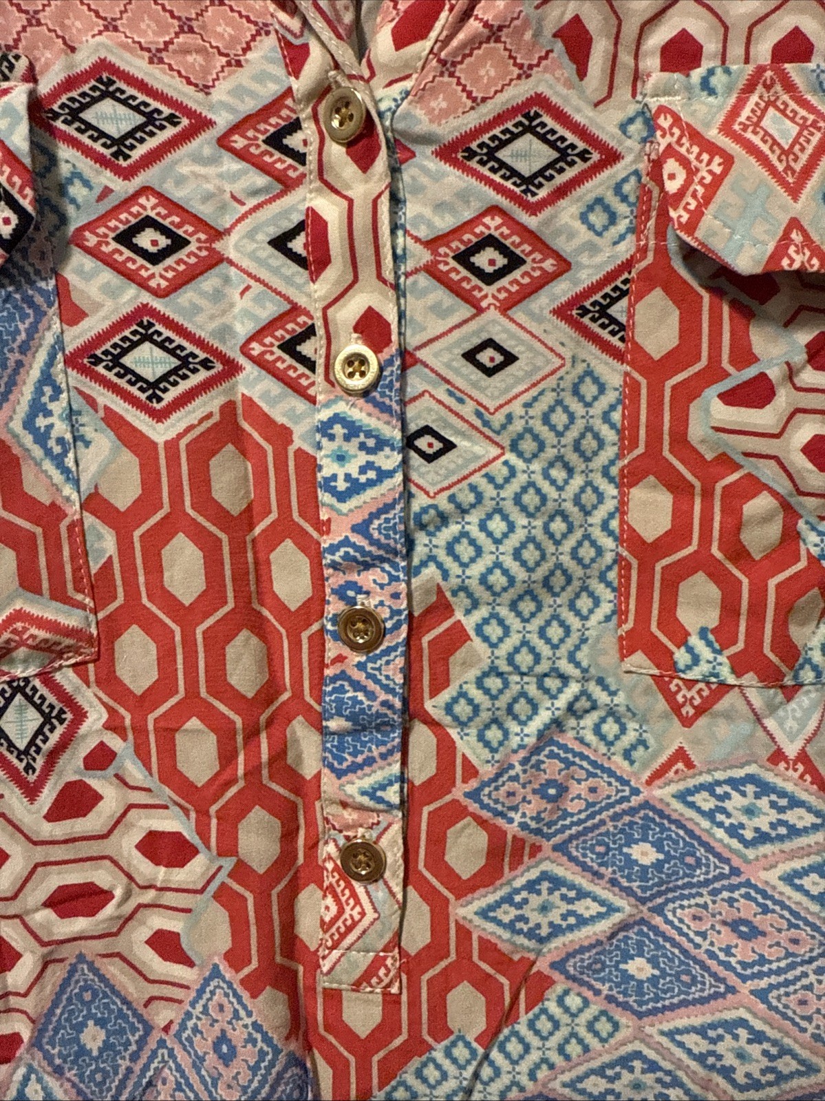 Talbots Red Blue Mixed Print Patchwork Popover Tu… - image 4