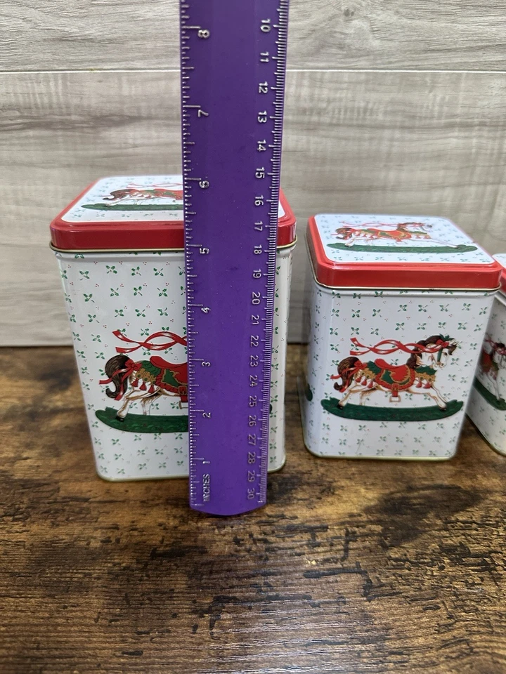VTG 3 Christmas Decorative Cookie Candy Tins, Rocking Horse, Stackable, Nesting - Image 2 of 4