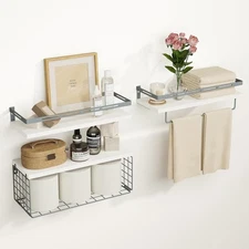 Fixwal 3+1 Tier 15.7" Wall Bathroom Shelves-Metal Frame, Basket, Towel Bar, Rack