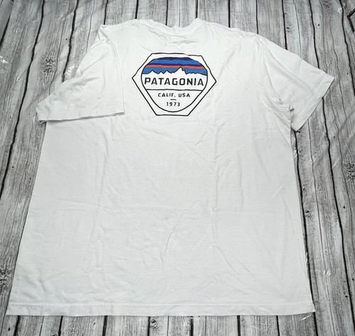 PATAGONIA Logo Double Sided T Shirt XL WHITE hiking camping outdoors SEE PHOTOS