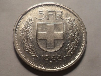 1968B NICE SWITZERLAND COPPER-NICKEL 5 FRANCS KM#40a.1 MINTAGE 33,871,000!