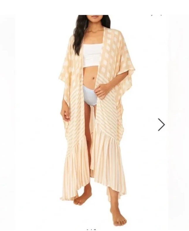 Kimono feminino Free People Kenna acabamento com babado espanador pêssego e cobertura branca - Imagem 3 de 4