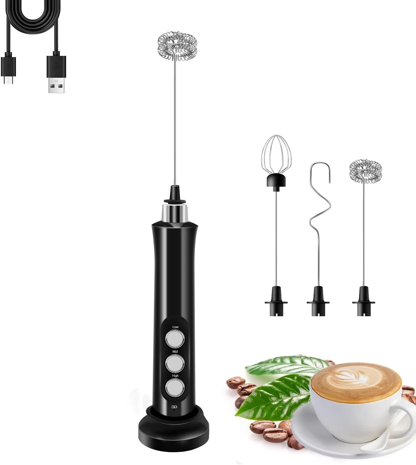 Rechargeable Milk Frother Handheld with 3 Detachable Stainless Steel Whisks, 3 S