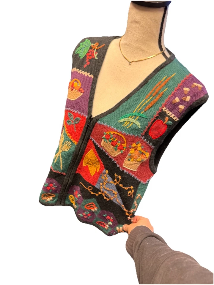 Chaleco Suéter Tejido Opciones Diseño Vintage Bordado Hojas de Otoño Acción de Gracias Foto 3 de 4