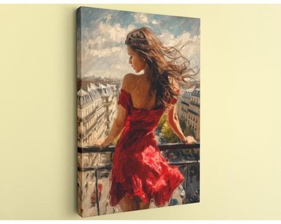 Paris Balcony Canvas Art Woman In Red Dress Impressionistic French Cityscape