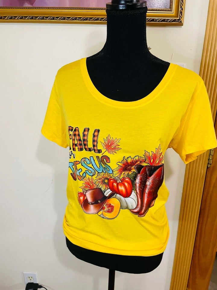 Специальный желтый осени христианский Иисус тематический короткий рукав размер L/XL графический футболка - Изображение 2 из 4