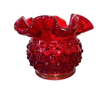 Fenton Orange Art Glass Hobnail Vase, Vintage Fenton Orange Amberina RuffledVase