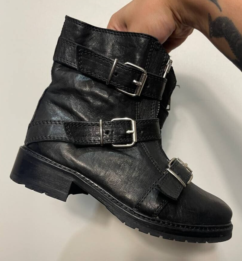 Allsaints Belted Ariel Front Zip Black Leather Boots Women's Size