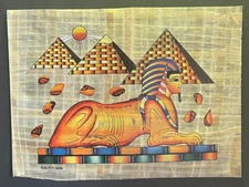 Genuine Egyptian Sphynx with the Great pyramid Papyrus painting 