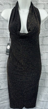 Boohoo Bodycon Dress Black Gold Metallic Size 8 Sparkly Plunge Halter Xmas BNWT