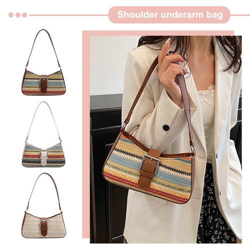 Women Straw Woven Bag Rainbow Shoulder Bag Handwoven Straw Bag Summer Beach Bag