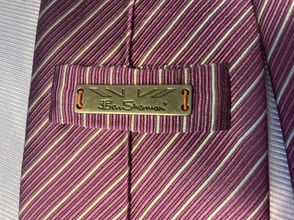 Corbata a Rayas Ben Sherman en Rosa Malva y Blanco 100% Seda Importada Hecha a Mano Foto 3 de 4