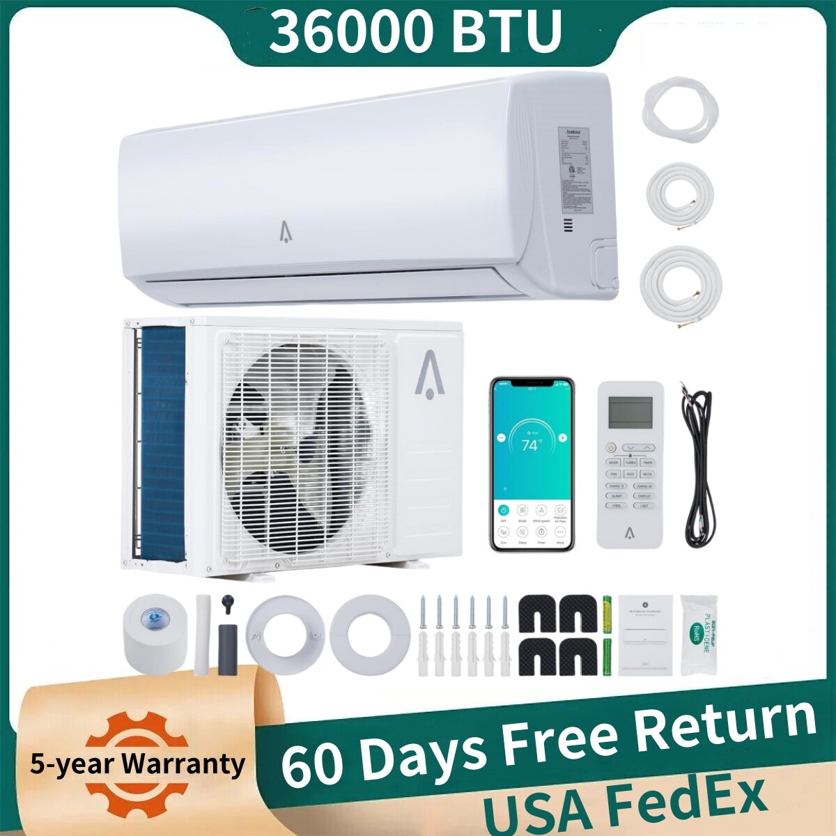 36K BTU Mini Split AC Heat Pump with 16.4ft Installation Kit