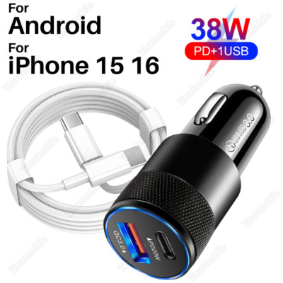 38W Fast Car Adapter USB C Type-C Charger Cord For iPhone 16 15 iPad Pro Samsung