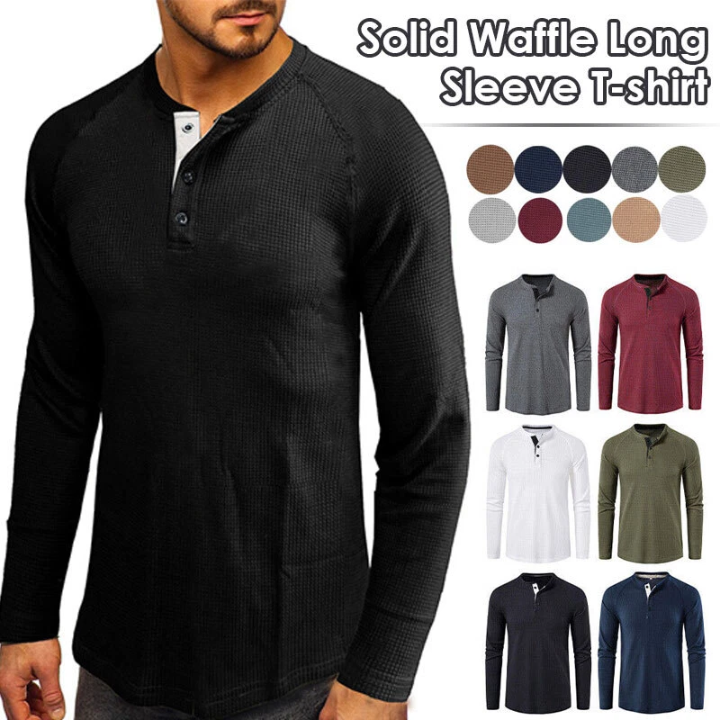 Mens Henley T-shirt Slim Fit Button Pullover Casual Long Sleeve Tops Tunic Solid