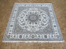 8 x 8 Square Hand Knotted Ivory Fine Nain With Silk Oriental Rug G12472