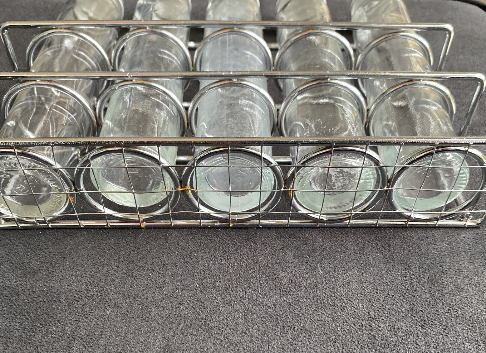 Estate Sale 5 Vintage MSRF Glass Display/Spice Bottles7” w/Lids In Wire ...
