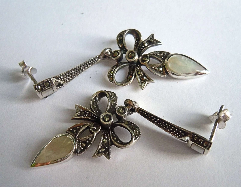 Noblesse - Große Jugendstil Schleifen Hänge Ohrringe mit Markasit Besatz - Bild 4 von 4