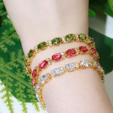 Green Cubic Zircon Oval Connected Bangle Bracelet for Women Gold Plated Jewelry