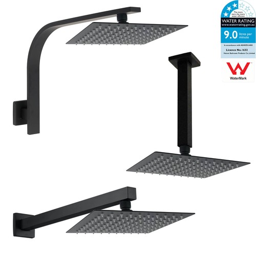 Matt Black 8/10/12/16" Square Rain Shower Head High Rise Gooseneck