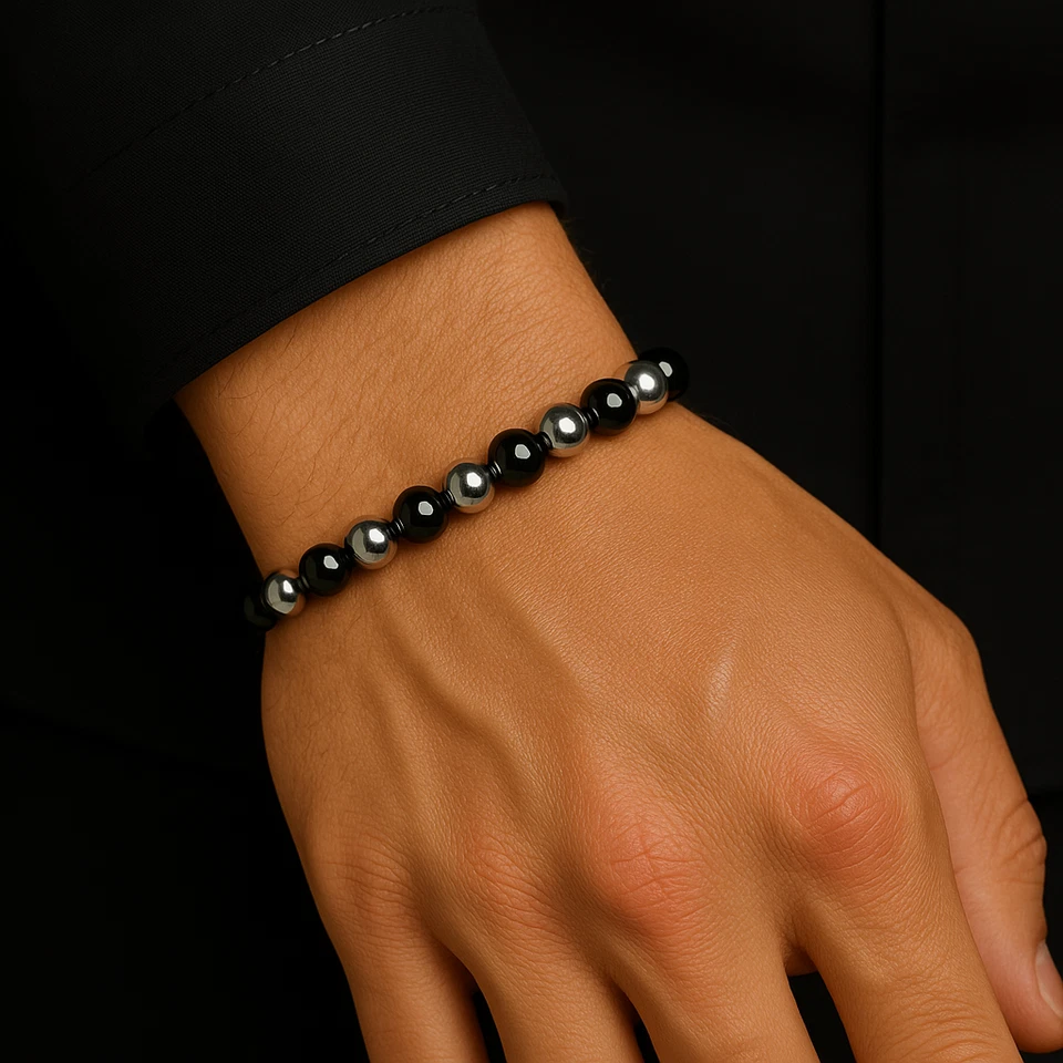 Bracciale con perle Nero 6mm Acciaio inox argento braccialetto Elastico da Uomo - Immagine 3 di 4