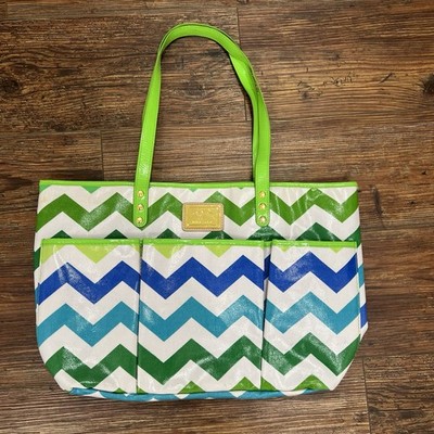 Sam & Hadley Coated Large Canvas Tote Bag Chevron Green And Blue Pockets